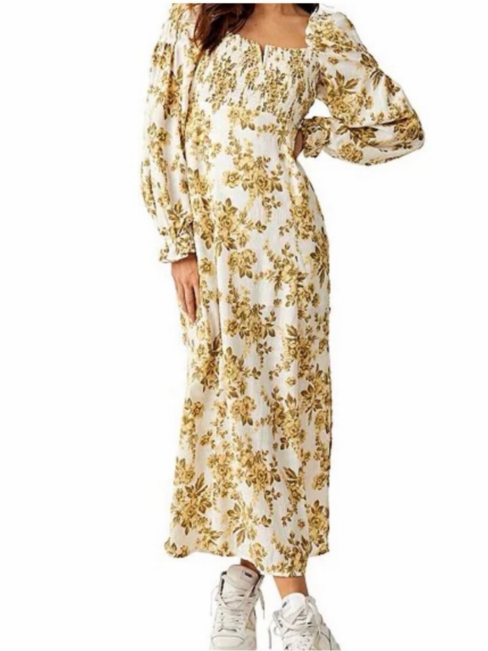 Free People Jaymes Midi Dress Floral Printed Smocked V Neck Long Sleeve